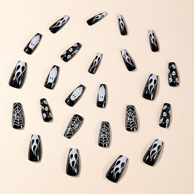 24Pcs Halloween Press on Nails Medium Square Fake Nails with Cute Ghost Skull Spider Web Design Dark Black Full Cover Artificial Glue on Nails Glossy Stick on Nail Goth False Nails for Women Manicure