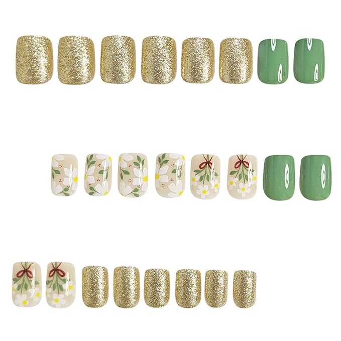24pcs Short Press on Nails Square Fake Nails Cute Flowers Glue on Nails with Gold Glitter Design Green Full Cover False Nails Spring Summer Stick on Nails for Women Girls Glossy Acrylic Manicure Salon