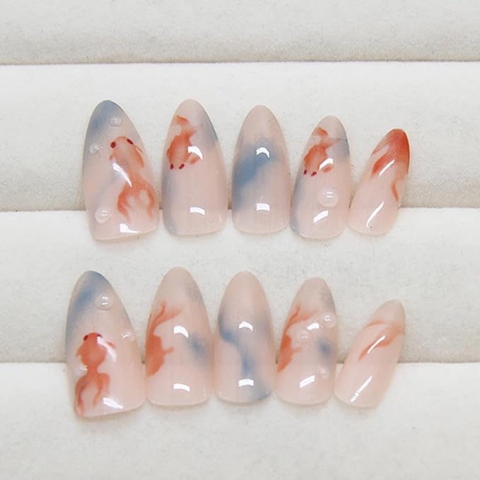 Hkanlre Fish Press on Nails Long Cute Fake Nails Tips Full Cover Almond False Blue Nails for Women and Girls 24PCS