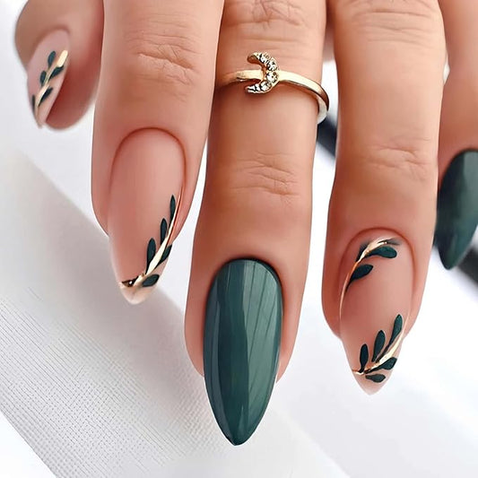 Green Short Almond Press on Nails Water Drop Type False Nails with Green Leaf Matte Designs Full Cover Glue on Nails Reusable Artificial Stick on Nails for Women 24 Pcs