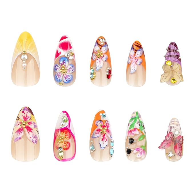24pcs Colorful Flower Press on Nails Medium Almond Fake Nails with 3D Summer Floral Butterfly Rhinestone Design Glue on Nails French Tip False Nails Gold Beads Acrylic Nails Stick on Nails for Women