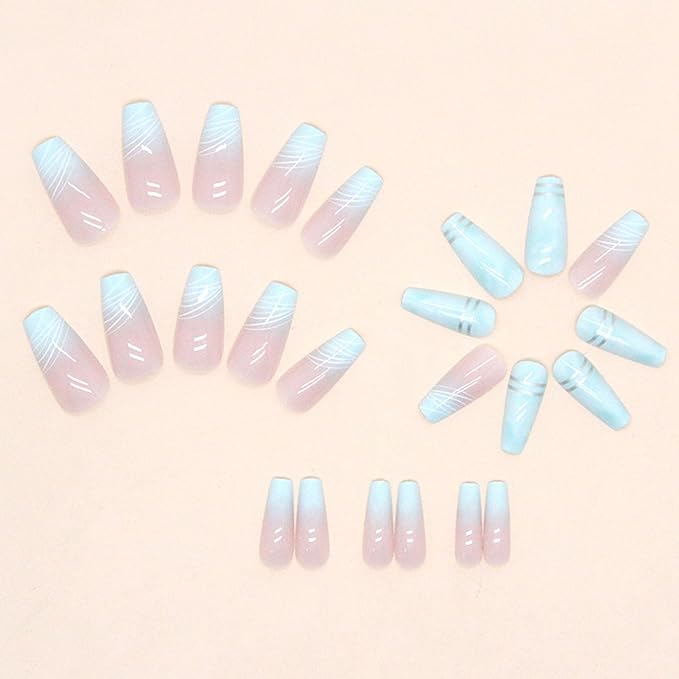 Press on Nails Coffin Medium Length Fake Nails Press ons Green French Tip Acrylic Nails White Silver Lines Glue on Nails Light Pink Full Cover Stick on Nails Artificial False Nails for Girls 24Pcs
