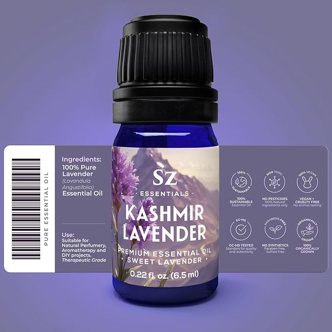 Kashmir Lavender Essential Oil – 100% Pure & Undiluted – Sweet Floral Scent for Relaxation, Aromatherapy, Self-Care, Natural Perfumery – Vegan & Therapeutic – 0.22 fl oz (6.5 mL)