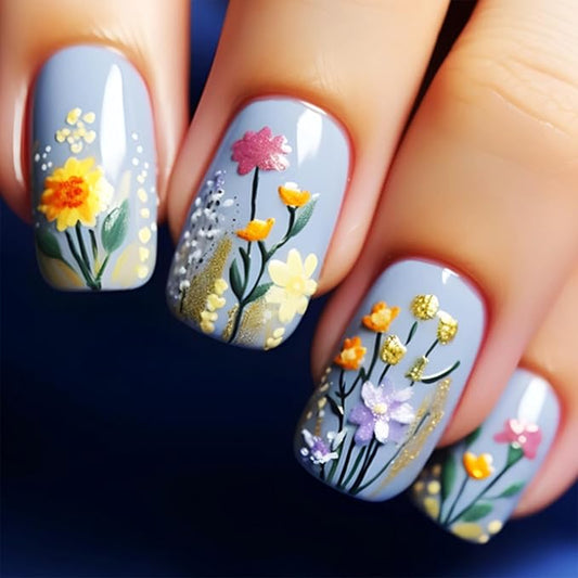 Blue Press on Nails Short Square Acrylic Full Cover False Nails Spring Flower Stick on Nails Glossy Gold Glitter Fake Nails 24Pcs Wild Flowers Gel Glue on Nails for Coquette Women Girls