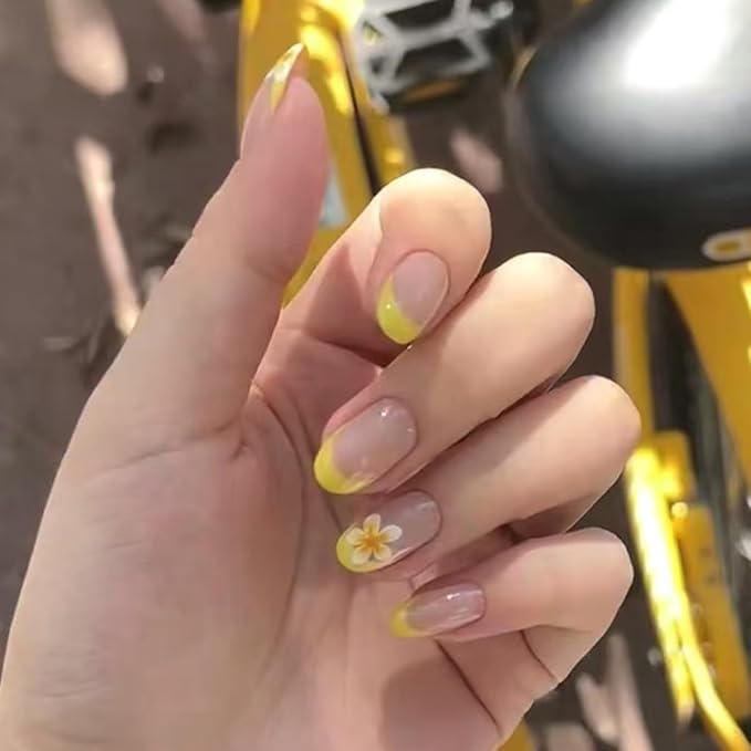 Yellow French Press on Nails with Flower Designs Short Oval Fake Nails Nude Glossy Acrylic Press in Nails Full Cover Stick on Nails for Women Nail Manicure 24 Pcs