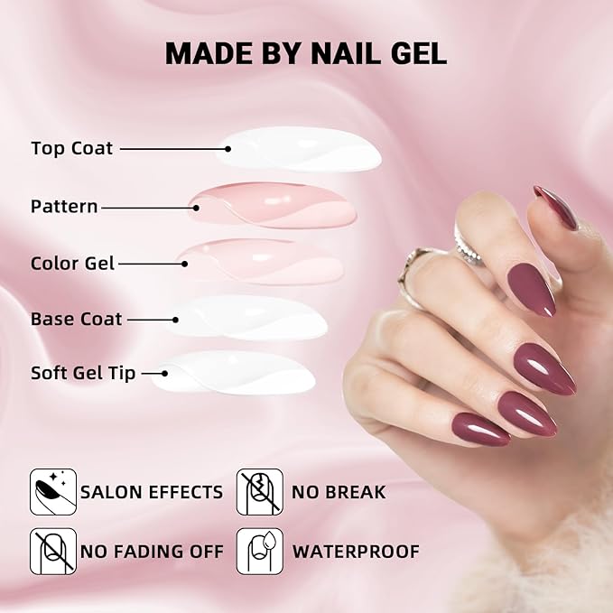 WOOYAS Pink Press On Nails Almond, Bean Paste Pink Fake Nails for Women Glossy Solid Color Glue On Nails Medium Length Natural Gel Stick On Nails 24Pcs Strong False Nails Kit Easy Salon Manicure