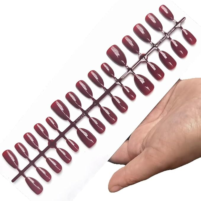 Wine Red Fake Nails Glossy Almond Press on Nails Medium Solid Color Acrylic False Nails Press ons Reusable Full Cover Artificial Nails for Women DIY Nails Decoration