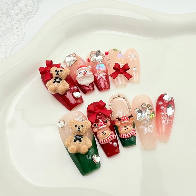 10Pcs Handmade Christmas Press on Nails Long Coffin False Nails with 3D Bear Bow Charms Design Cute Santa Claus Elk Fake Nails Reusable Full Cover Glue on Nails for Women DIY Acrylic Manicure