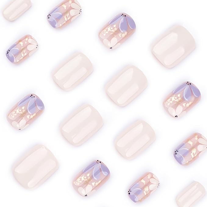 Short Square Press On Nails, Beige Fake Nails with Blossom Floral and Gold Foil Design, Glossy Reusable Acrylic Nails Kit for Women, Natural Look, 24Pcs Glue-On Set