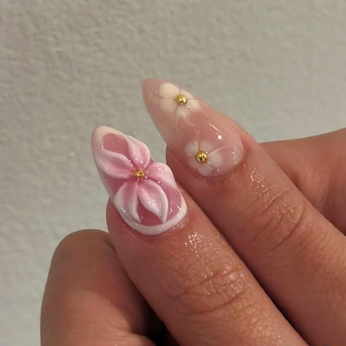 24Pcs Flower Press on Nails Almond Medium Fake Nails with 3D Floral Gold Bead Design Pink Leopard French Tip False Nails Glossy Glue on Nails Full Cover Summer Stick on Nails for Women Manicure Decor