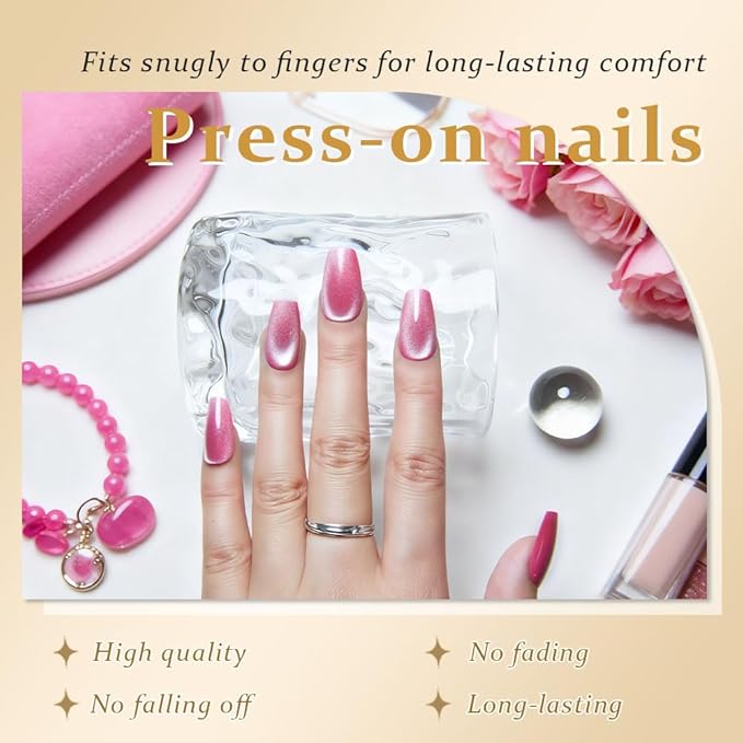 evpct Rose Pink Cat Eye Coffin Press on Nails Square Medium, Medium Square Glue on Nail for Women, Rose Pink Metallic Glitter Glossy Reusable Summer Soft Gel Press on Acrylic Fake Nail with Designs