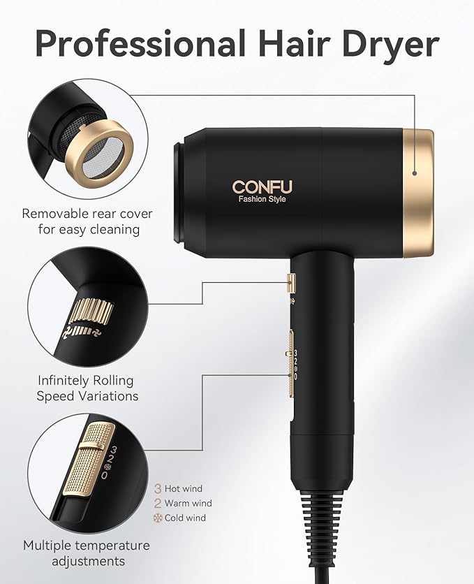 Hair Dryer, CONFU Blow Dryer with Diffuser, 21000PRM Professional Hairdryer, Portable Lightweight Fast Drying Negative Ionic Blow Dryer, Hair Diffuser for Curly Hair for Home Travel