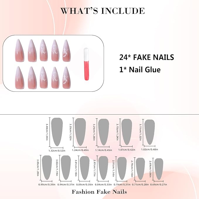 IMRAIN Press on Nails Long Stiletto Fake Nails White Gradient Almond False Nails Full Cover Glossy Gel Nude Artificial Nails with Flower Designs