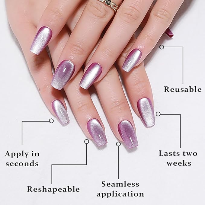 evpct Purple Cat Eye Coffin Press on Nails Square Medium, Medium Square Glue on Nails for Women Gift, Lavender Purple Metallic Glitter Glossy Reusable Summer Gel Press on Fake Nail with Designs, 24Pcs