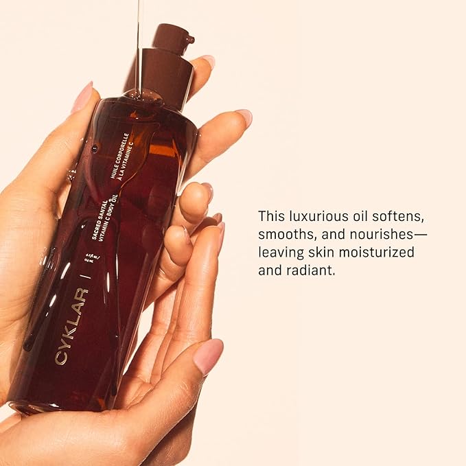 CYKLAR Vitamin C Body Oil for Women and Men. Moisturizing Sacred Santal Scented Body Serum for Glowing Skin. Nourishing, Hydrating After-Shower and Bath Skin Care Moisturizer, 4.2 Fl Oz