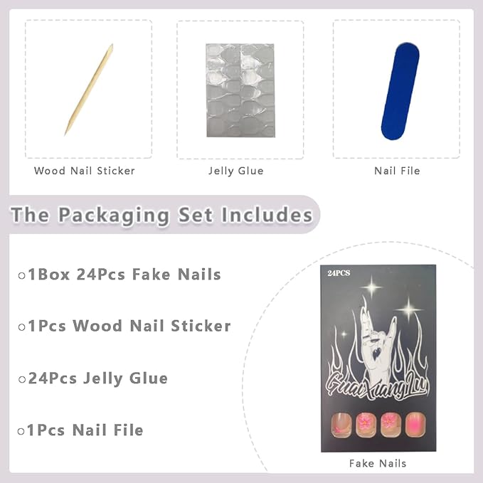 24Pcs Short Square Press on Nails Pink Gradient French Tip Fake Nails with 3D Flower Water Ripple Design Glue on Nails Glossy Acrylic Nails Summer Full Cover Stick on Nails for Women Girls Daily Wear