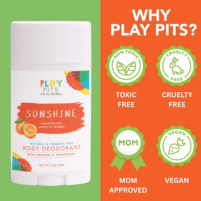 PLAY PITS - Kids Deodorant for Girls & Boys - Natural - Aluminum-Salt Free - Safe for Sensitive Skin – SONSHINE is Infused w/Orange & Peppermint Oils - Non-Toxic & Paraben Free - 2.65oz - 2pk