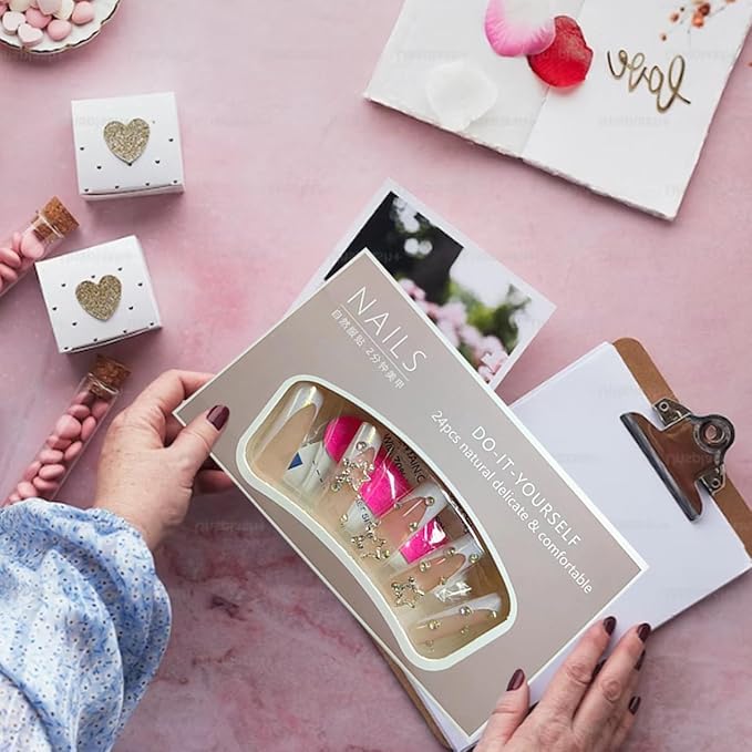 24Pcs Square Acrylic False Coffin Nails with Rhinestones Star Charms Design - White Full Cover Glue on Nails for Women