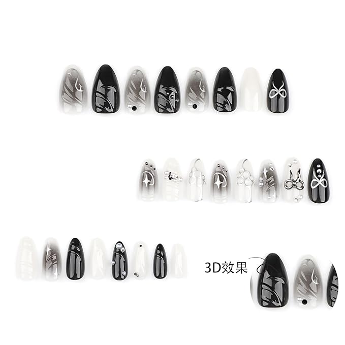 Black Press on Nails Medium Almond Fake Nails with 3D Alloy Bow Pearl Designs Black Gradient Full Cover False Nail Water Drops Silver Star Glossy Acrylic Nails Stick on Nail for Women 24Pcs