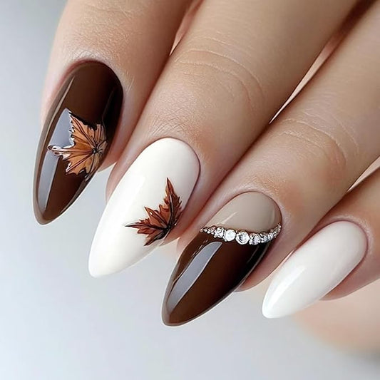 Thanksgiving Press on Nails 24Pcs Maple Leaves Medium Almond False Nail Rhinestones Gel Glue on Fingernails Glossy Brown French Stick on Nail Acrylic Full Cover Fake Nails for Holiday Manicure Art