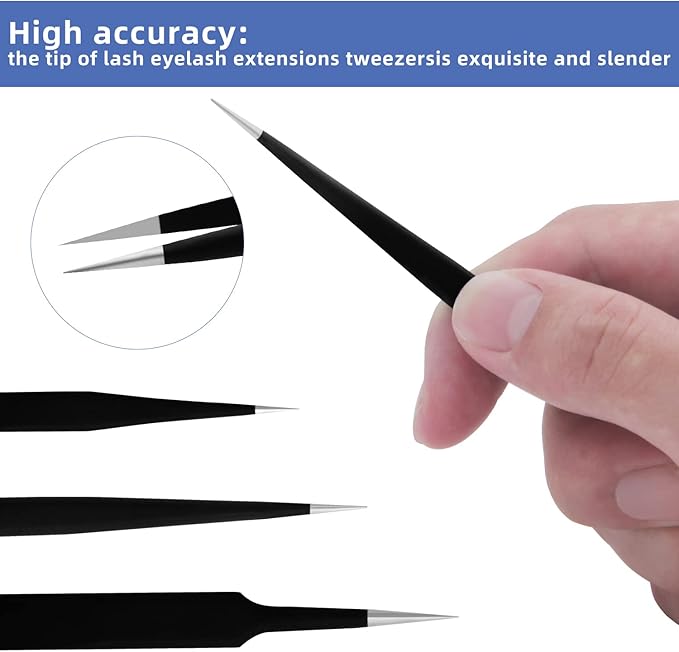 HengTianMei 8Pcs lash tweezers 3 Stainless Straight and 3 Curved Tip Eyelash Tweezers, With 2 Slant Pointed Precision Eyebrows Tweezers for eyelash extensions, Facial Hair, and Ingrown Hair Removal