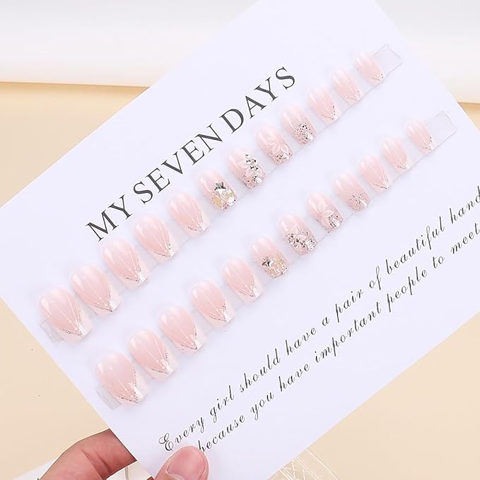 24Pcs Short Press on Nails Square Shape White French Tip Fake Nails 3D Flower Designs Star Glitter Glue on Nails Spring Acrylic Nails White Floral False Nails Nude French Stick on Nails for Women