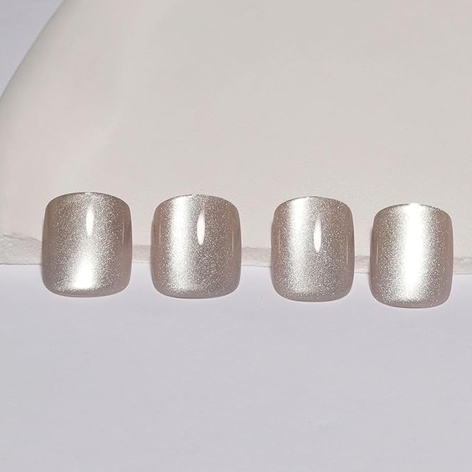 Nude Press On Nails Square, Cat Eye Press On Nails Short Fake Nails with Color-Shifting Glow, Reusable Stick On Nails, 15 Sizes - 30 Nail Kit with Glue, Natural Glue On Nail for Women, Silken Glow