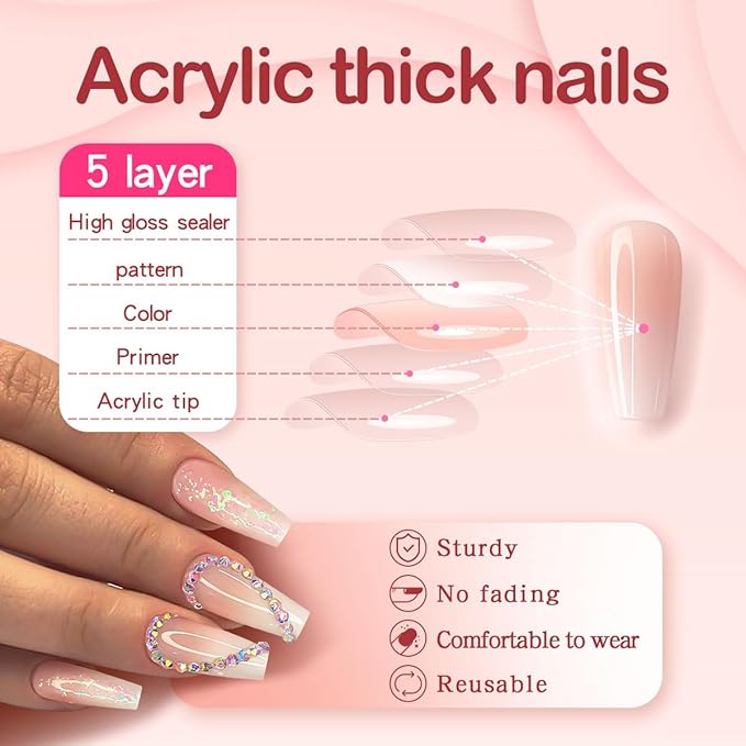 Yivaiks Rhinestone Press on Nails Pink Medium Length Stick on Nails for Women Glitter Artificial Nails Acrylic Nails Press on Fake Nails With Glue 24pcs