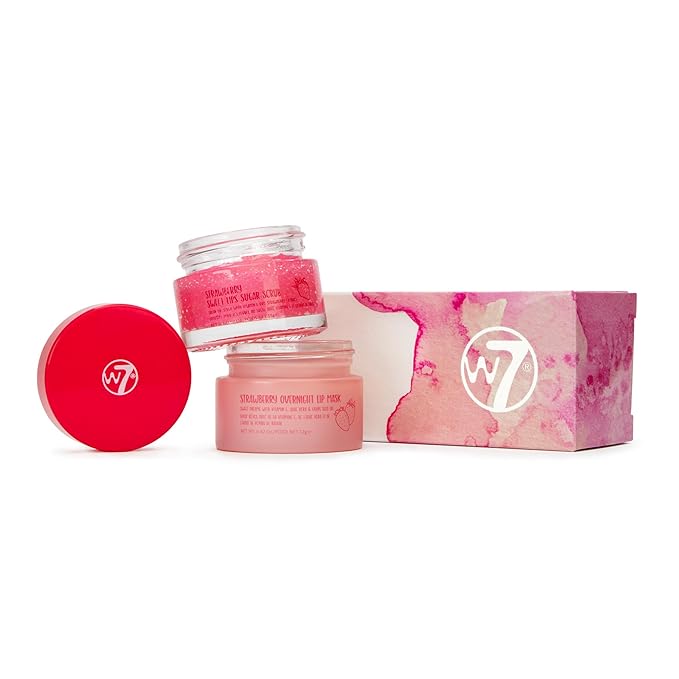 W7 Sweet Dreams Lip Scrub & Overnight Lip Mask Duo - 2Pcs Set - Strawberry Flavour - Exfoliate, Condition, Soothe & Hydrate