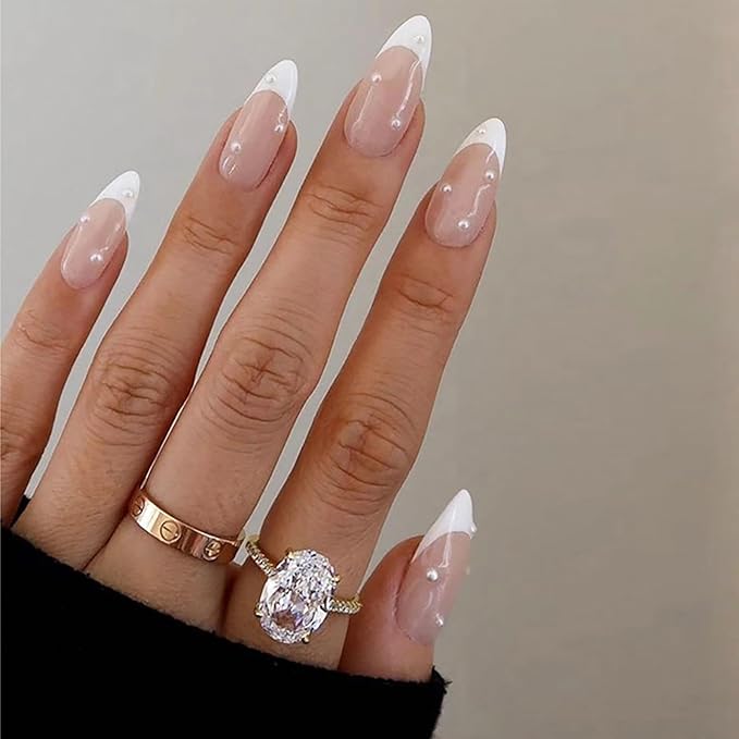 6 Packs (144 Pcs) Press on Nails, Jsiallye French Tip Press on Nails Almond Square with Pearl, Flower Swirl Press on Nails, Glue on Nails in 12 Sizes - 24 Fake Nails Kit, Stick on Nails for Women