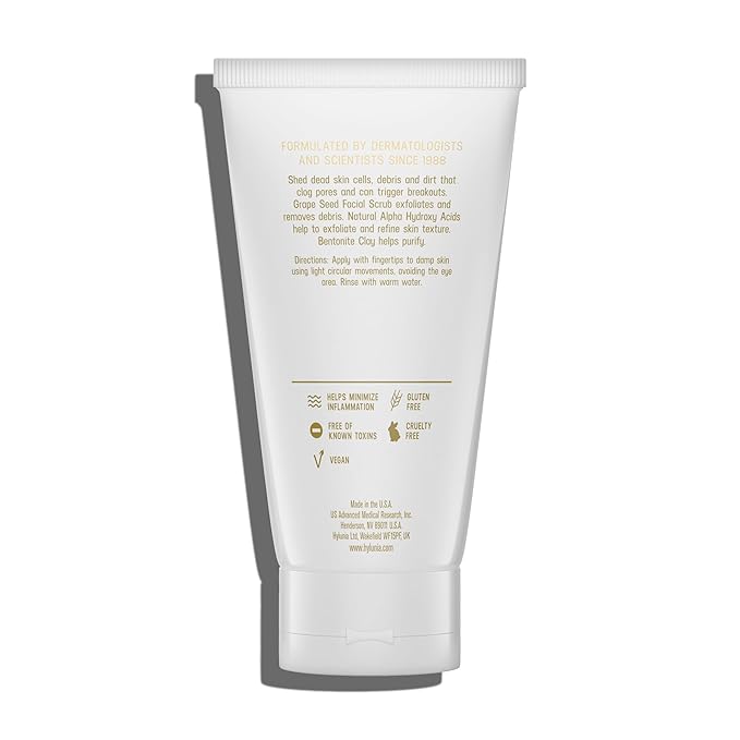 Hylunia Skincare Grape Seed Facial Scrub – Gentle Exfoliating Face Scrub with Ground Grape Seed, Bentonite Clay, and Alpha Hydroxy Acid for smooth, glowing skin and refined pores, 5.1oz