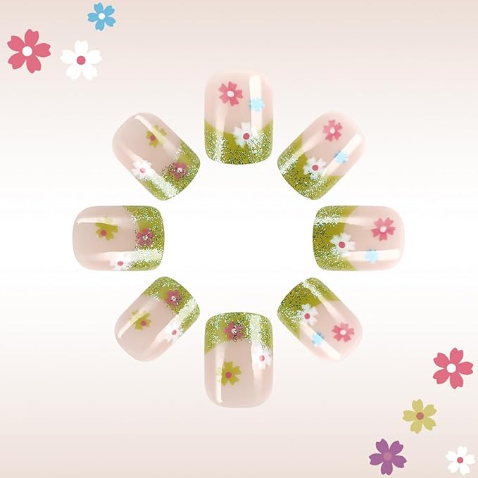 24Pcs Green French Tip Press on Nails Short Square Fake Nails Colour Flower False Nails with Lawn Design Spring Artificial Nails Glossy Stick on Nails Full Cover Glue on Nails for Women DIY Manicure