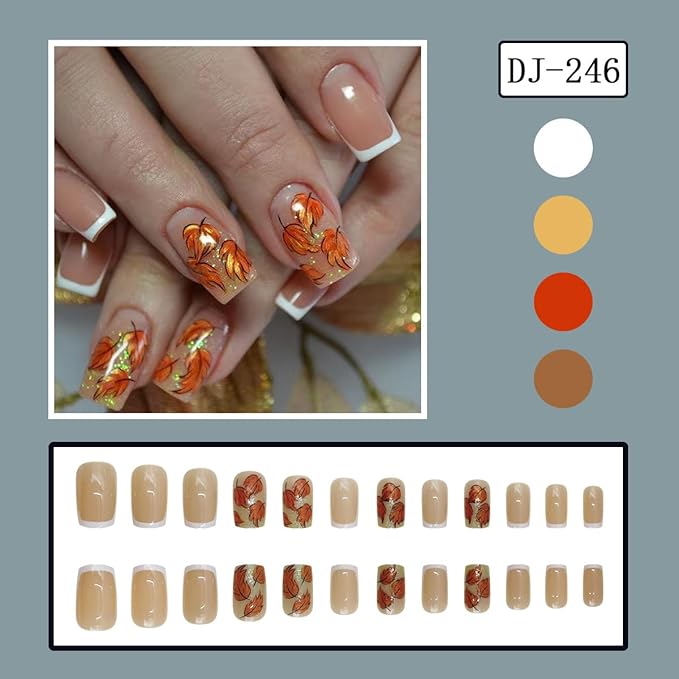 24Pcs White French Tip Press on Nails Short Square Fall Fake Nails with Maple Leaves Designs Glitter Autumn Thanksgiving Glue on Nails Acrylic Fall Nails Press ons for Women Manicure