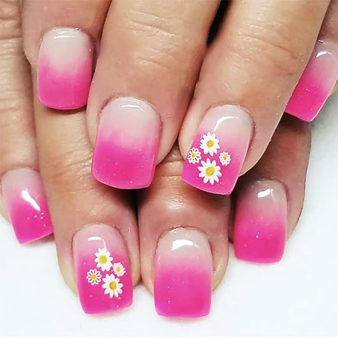 48Pcs Pink Press on Nails Kit - Flower Fake Nails Short Square with Floral Designs Glossy Cute Gradient Pink False Nails French Nails Press ons Flowers Spring Stick on Nails for Women Daily Wear