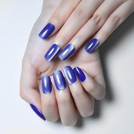 Blue Cat Eye Press on Nails Medium Square, Medium Square Press Glue on Nails Chrome for Women Gift, Blue Holographic Glitter Glossy Reusable Soft Gel Acrylic Fake Nail with Designs Cateye Effect