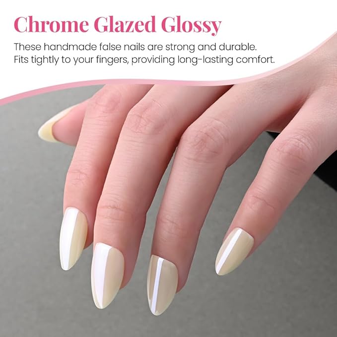 Press on Nails Short Almond - White Chrome Glazed Glossy Press on Nail Tips Glue On Nails with Nail Glue for Gift, Reusable Stick On Nails in 15 Sizes - 30 Full Cover Acrylic Soft Gel Fake Nails Kit