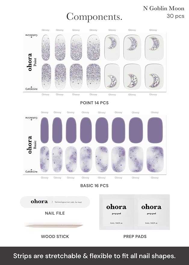 ohora Semi Cured Gel Nail Strips (N Goblin Moon) - Purple, Patterned, Works with Any UV/LED Lamps, Salon-Quality, Long Lasting, Easy to Apply & Remove - Includes 2 Prep Pads, Nail File & Wooden Stick