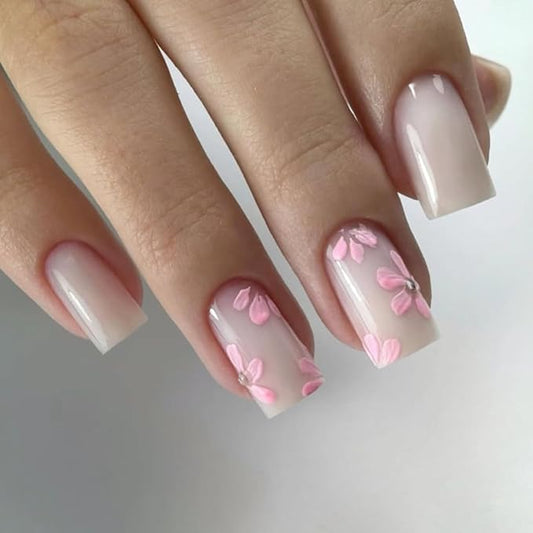 Nude Press On Nails Medium Square, Pink Flower Fake Nails with 3D Floral Design, Glossy Finish Reusable Acrylic Nails, Natural Glue On Nails Kit for Women, 24Pcs