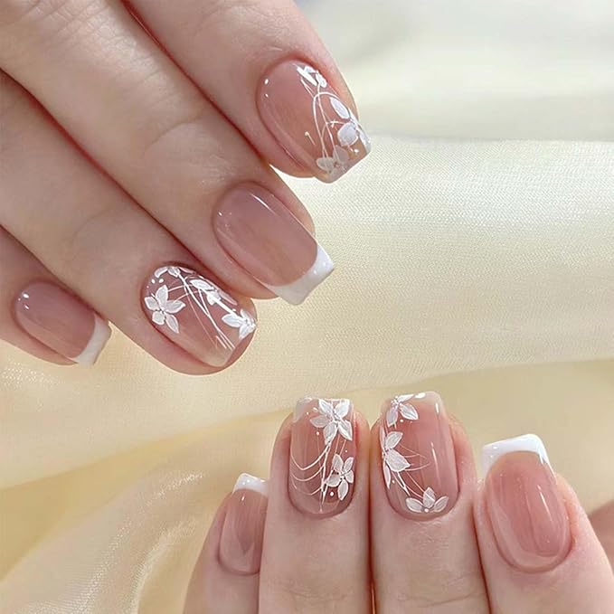 French Tip Press on Nails Square Fake Nails Short False Nails with Flower Design Nude Acrylic Nails Glue on Nails Full Cover Artificial Nails Stick on Nails Reusable for Women Manicure Art 24Pcs