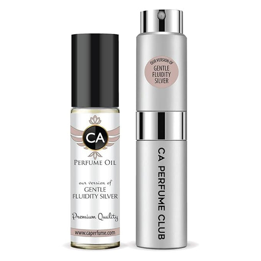 CA Perfume Duo Impression of Gentle Fluidity Silver For Women And Men Perfume Layering Set Long Lasting Travel Size EDP + Body Oil Roll-On Bottle 0.27 Fl Oz+0.33 Fl Oz