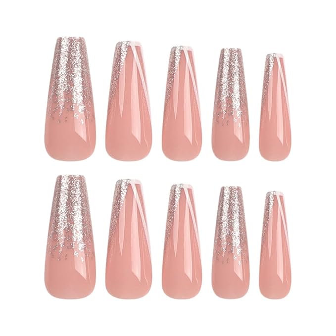 Balleria Press on Nails Silver Glitter French Tip Fake Nails | Long Coffin Glossy False Nails Full Cover Glue on Nails for Women 24PCS