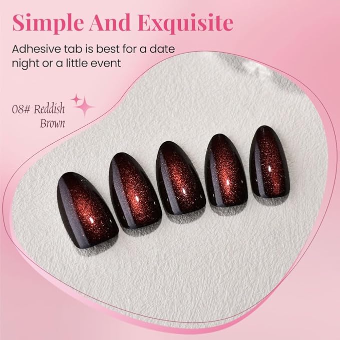 evpct Dark Red Press on Nails Almond Short, Reddish Brown Cat Eye Glitter Press on Nails for Women Gift, Soft Gel Press Glue On Nail with Nail Glue, Full Cover, 30Pcs Reusable Acrylic Fake Nails Kit