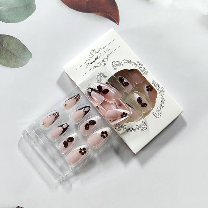 Fall French Tip Press on Nails Medium Almond Fake Nails with 3D Coffee Beans Design Glossy Nude Acrylic False Nails Brown Flower Glue on Nail Full Cover Artificial Stick on Nail for Women 24Pcs
