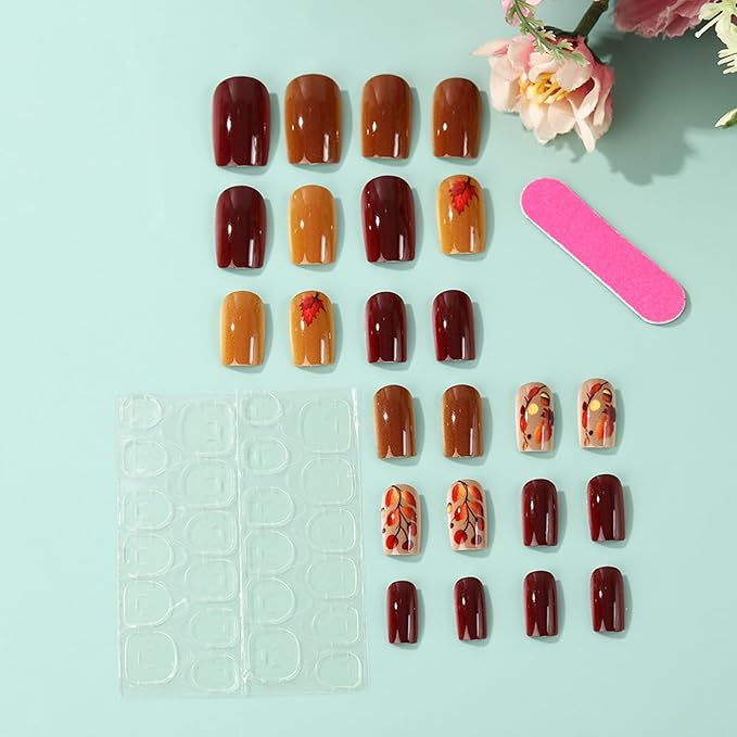Medium Press on Nails Square Fake Nails with Maple Acorns Design Thanksgiving False Nails Fall Acrylic Nail Kit Stick on Fingernails Autumn Brown Gel Glue on Nail for Women Manicure
