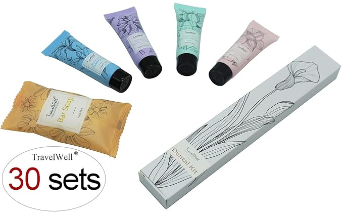 Travel Well Hotel Toiletry Kit Bulk - Individually Wrapped Guest Bathroom Essentials - Shampoo Conditioner Set & Travel Toiletries - Soap Bars & Dental Kits - 180-Piece Set, Mint Scent