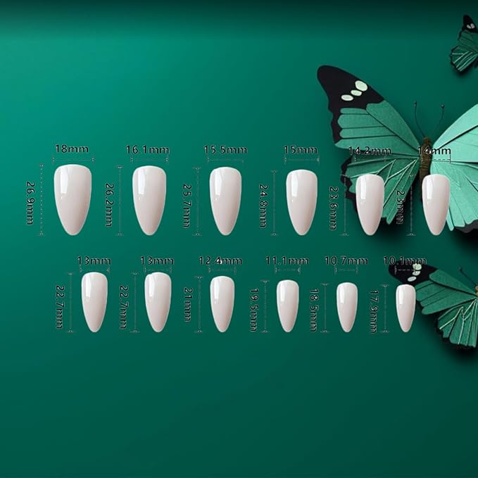 Summer Butterfly Press on Nails Pearl Gel Glue on Fingernails Glossy White Glitter Medium Almond False Nail 24Pcs French Acrylic Full Cover Fake Nails Rhinestone Stick on Nail for Holiday Manicure Art
