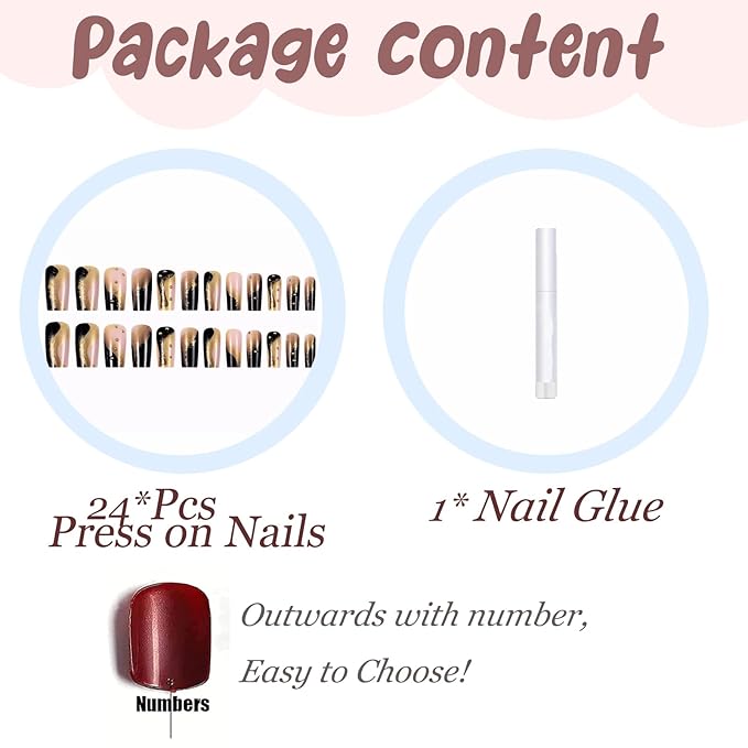 BABALAL Press on Nails Long Square Fake Nails Black Gold Glue ons Glitter Shine Acrylic Nails Metallic Ball Charm Design Squoval Nail Supplies 24Pcs Manicure DIY Stcik on False Nail Art