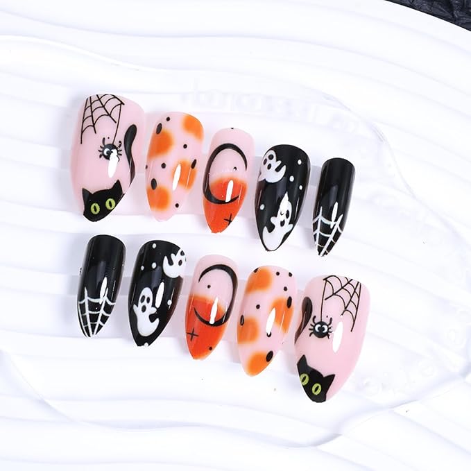 24Pcs Halloween Press on Nails Short Pointed Goth Fake Nails Black Cat with Spider Web Pumpkin Designs Full Cover Glue on Nails Cute Ghost False Nails Horror Glue on Nails for Women Acrylic Manicure
