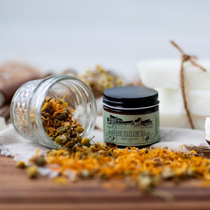 100% Grass-Fed Whipped Tallow Balm & Organic Jojoba Oil infused with Organic Calendule & Chamomile: face & body moisturizer-dry, baby, sensitive skin/eczema, psoriasis (HERB-INFUSED)