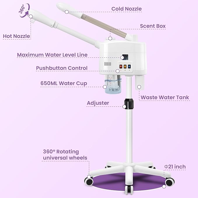 Professional Facial Steamer, 2 in 1 Facial Steamer on Wheels for Cold Mist & Hot Mist & Timer Function, Stand Face Steamer Adjustable Height for Spa, Salon and at Home use